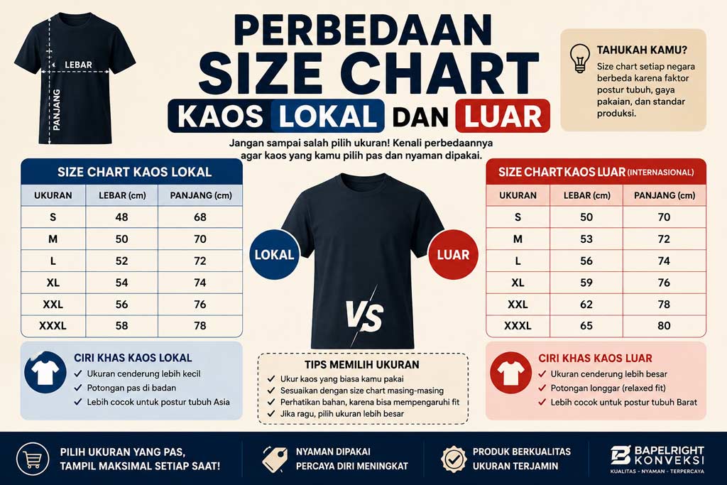 Perbedaan Size Chart Kaos Lokal dan Luar
